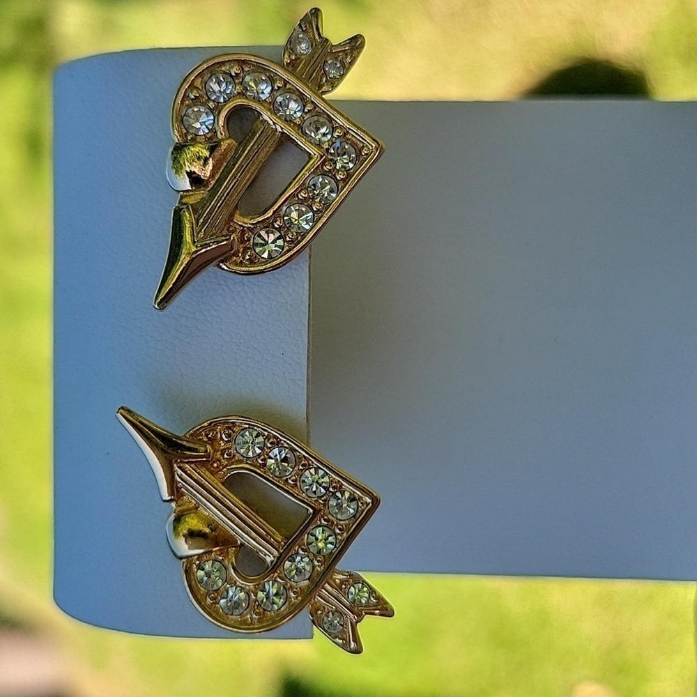 Swarovski Signed Vintage Cupids Arrow Gold Rhinestone Crystal Heart Earrings